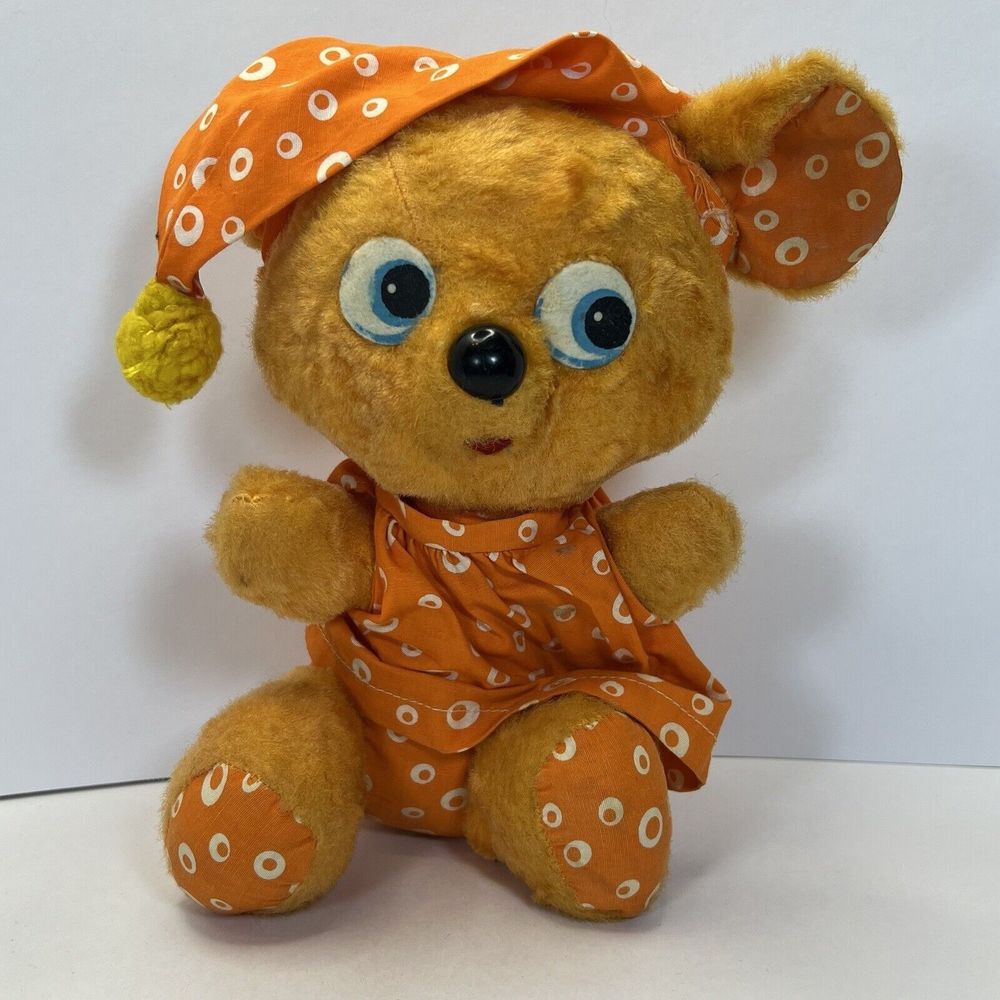 Vintage GUND J. Swedlin 60s 70s Bear Stuffed Animal Plush Toy Night Cap Orange